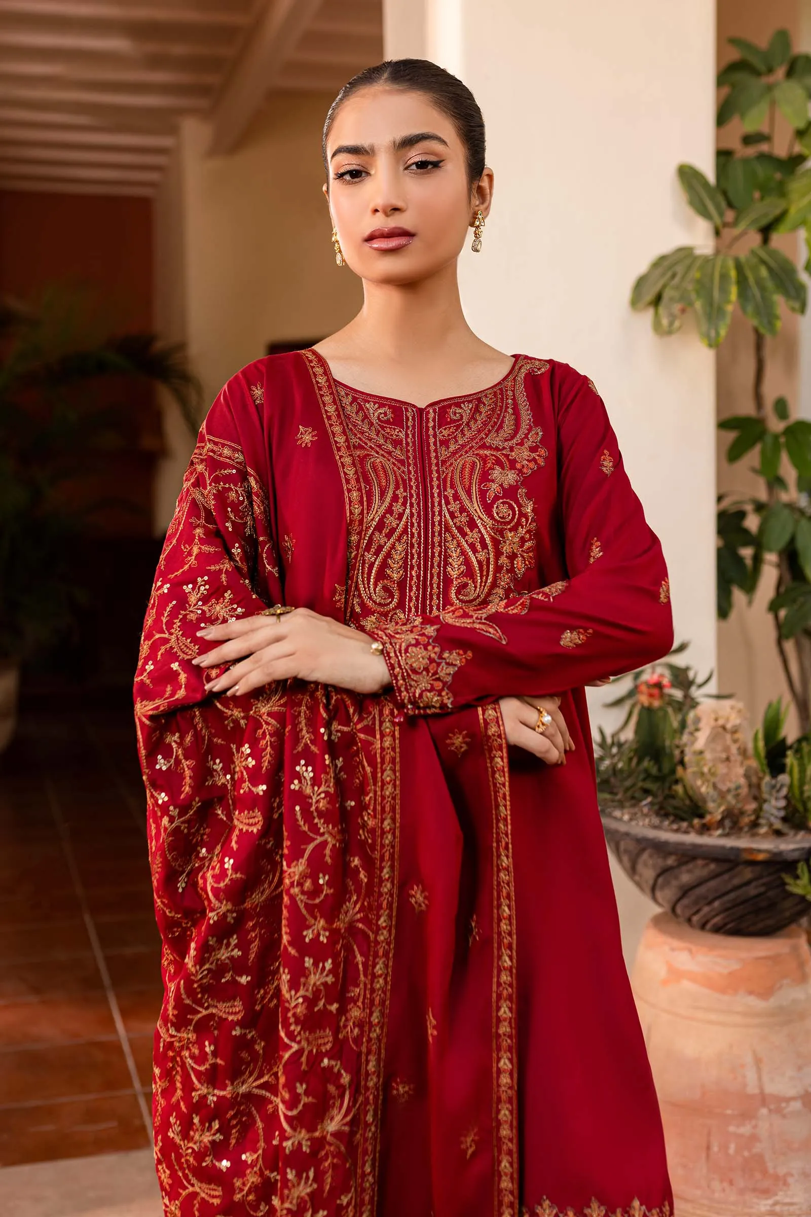 3 Piece Embroidered Linen Suit | DW-W24-80