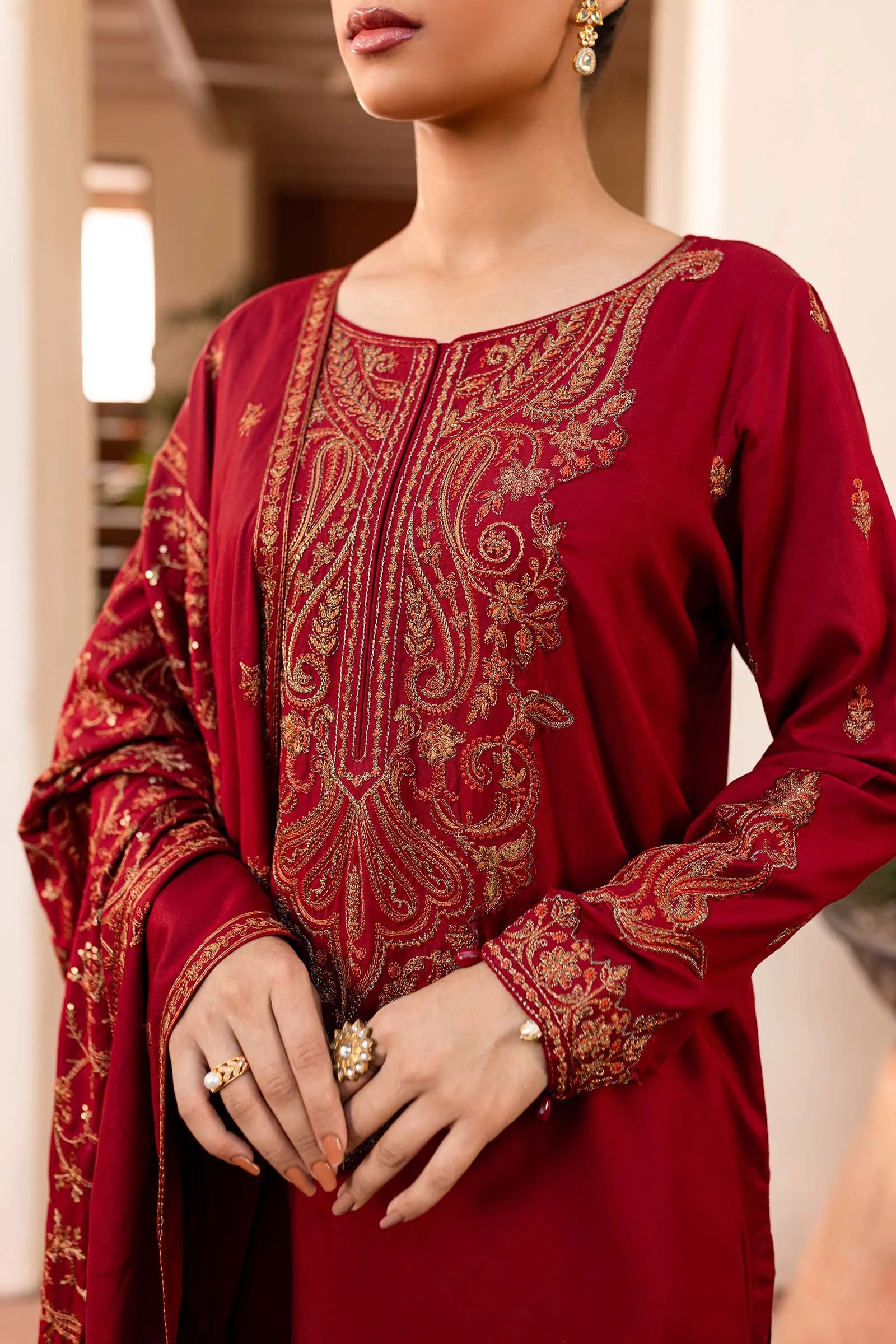 3 Piece Embroidered Linen Suit | DW-W24-80