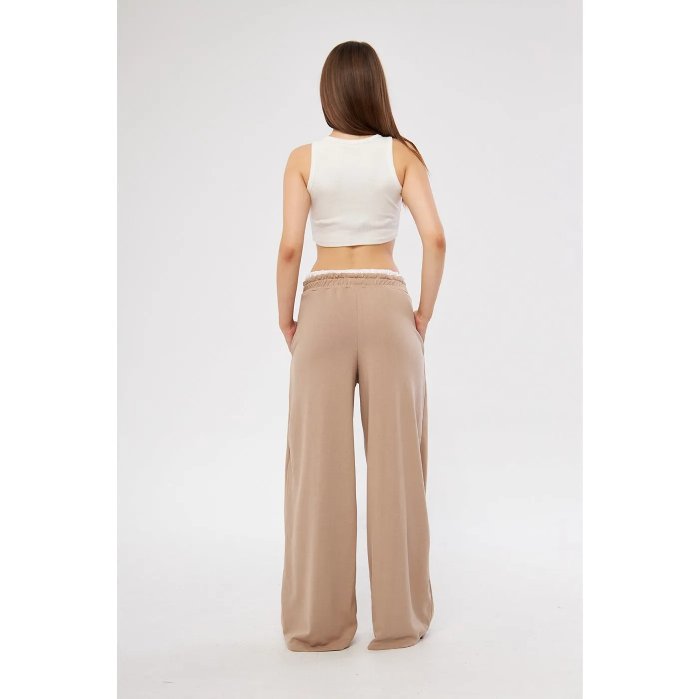 Beige Wide Leg Belt Contrast Trousers