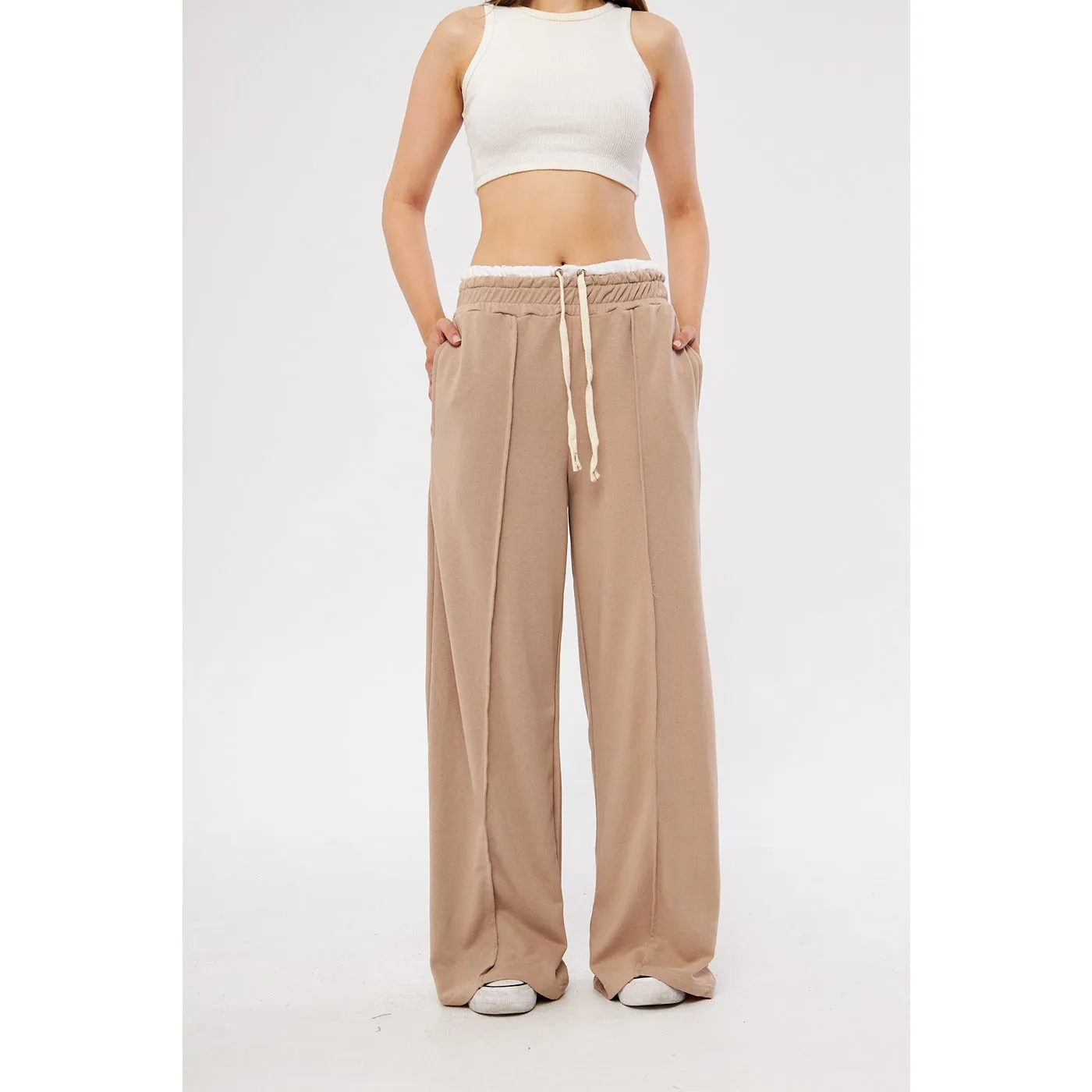 Beige Wide Leg Belt Contrast Trousers