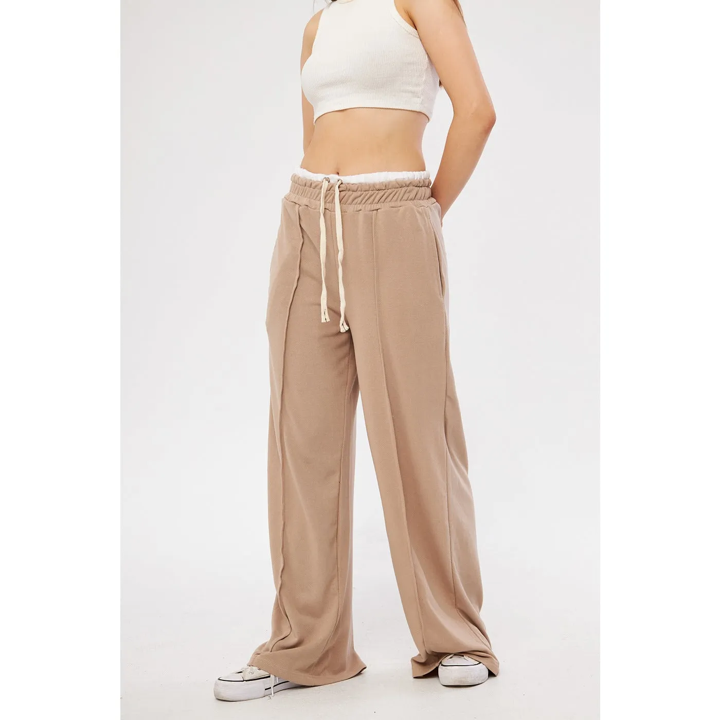 Beige Wide Leg Belt Contrast Trousers