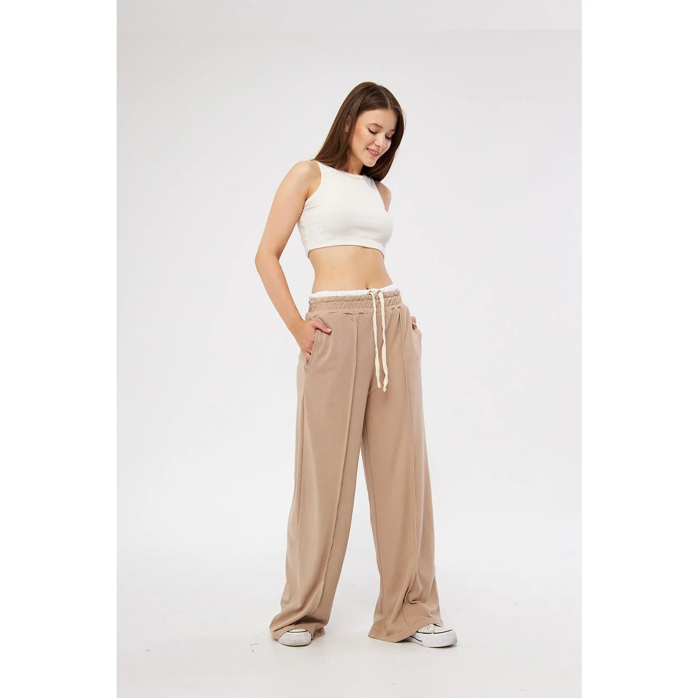 Beige Wide Leg Belt Contrast Trousers