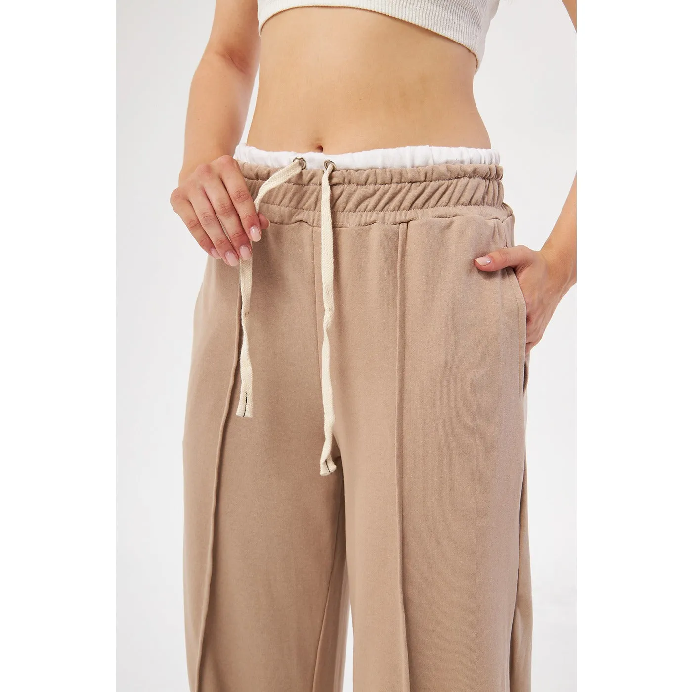 Beige Wide Leg Belt Contrast Trousers