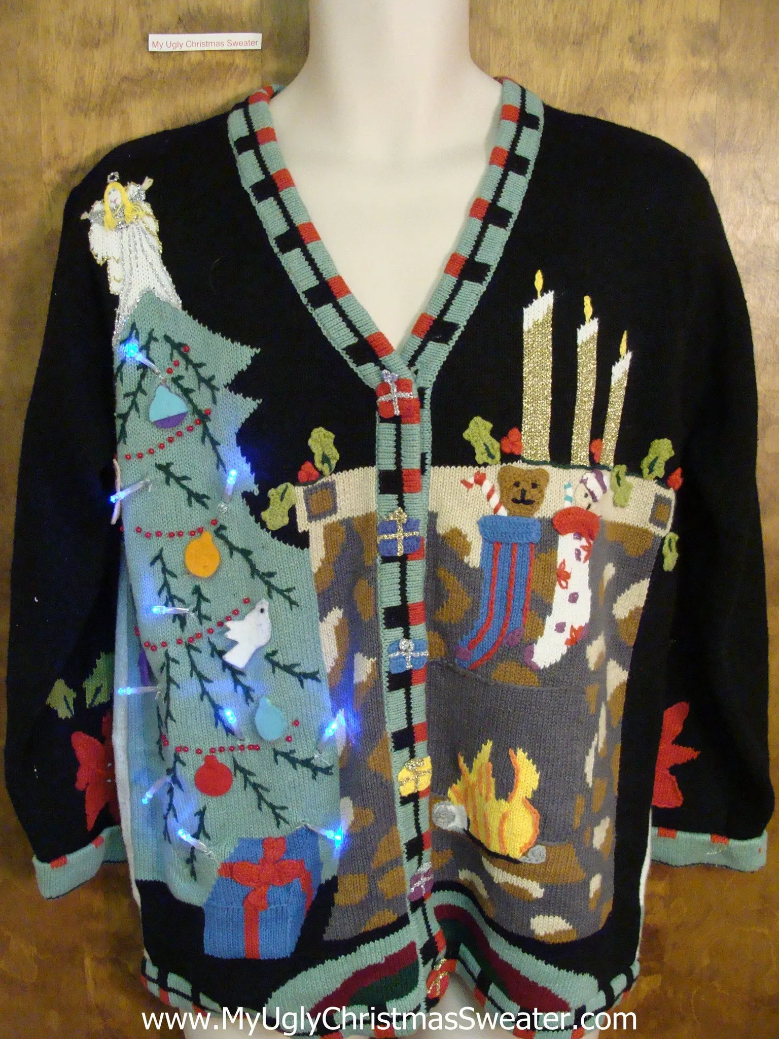 BEST 2sided Light Up Ugly Xmas Sweater with Tree and Cabin