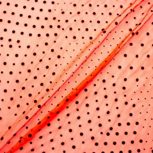 Black Flocked Spotted Red/Orange Crinkled Silk Chiffon