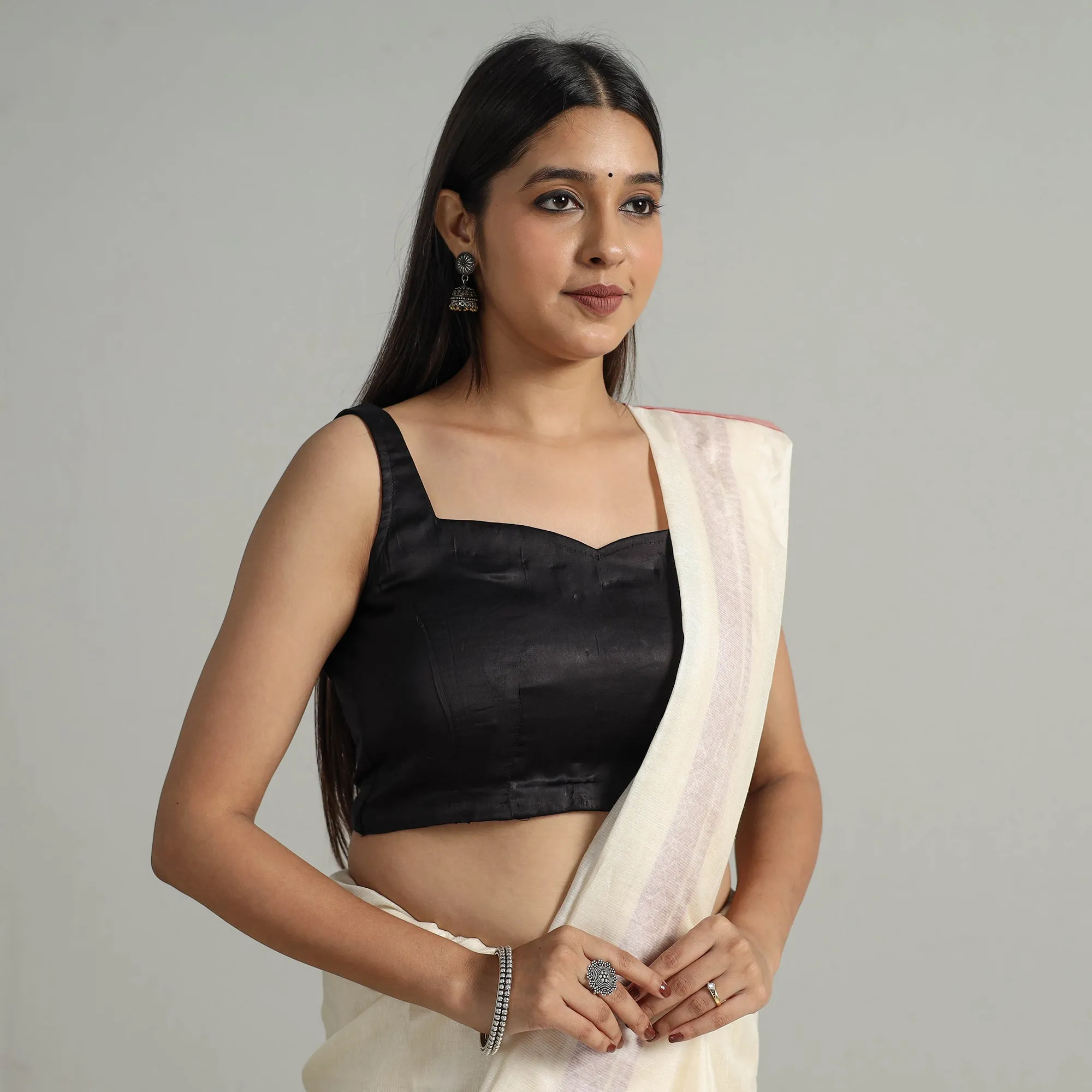 Black - Modal Silk Plain Stitched Blouse 09