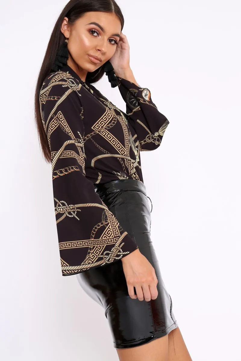 Black Rope Print Plunge Bodysuit - Jani