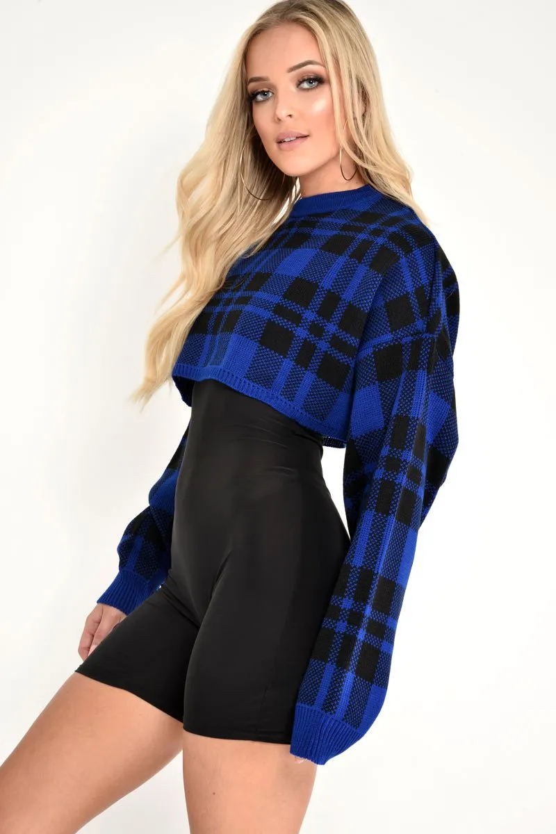 Blue Check Batwing Crop Knit Jumper - Marisa