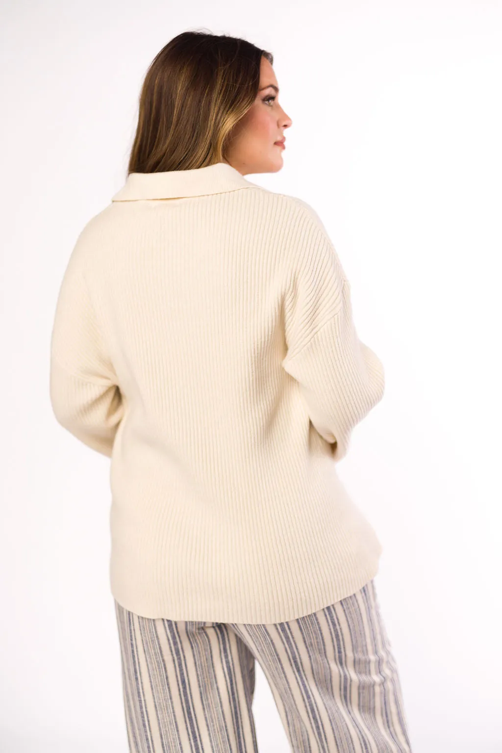 Carson Button Front Cardigan with Collar in Cream