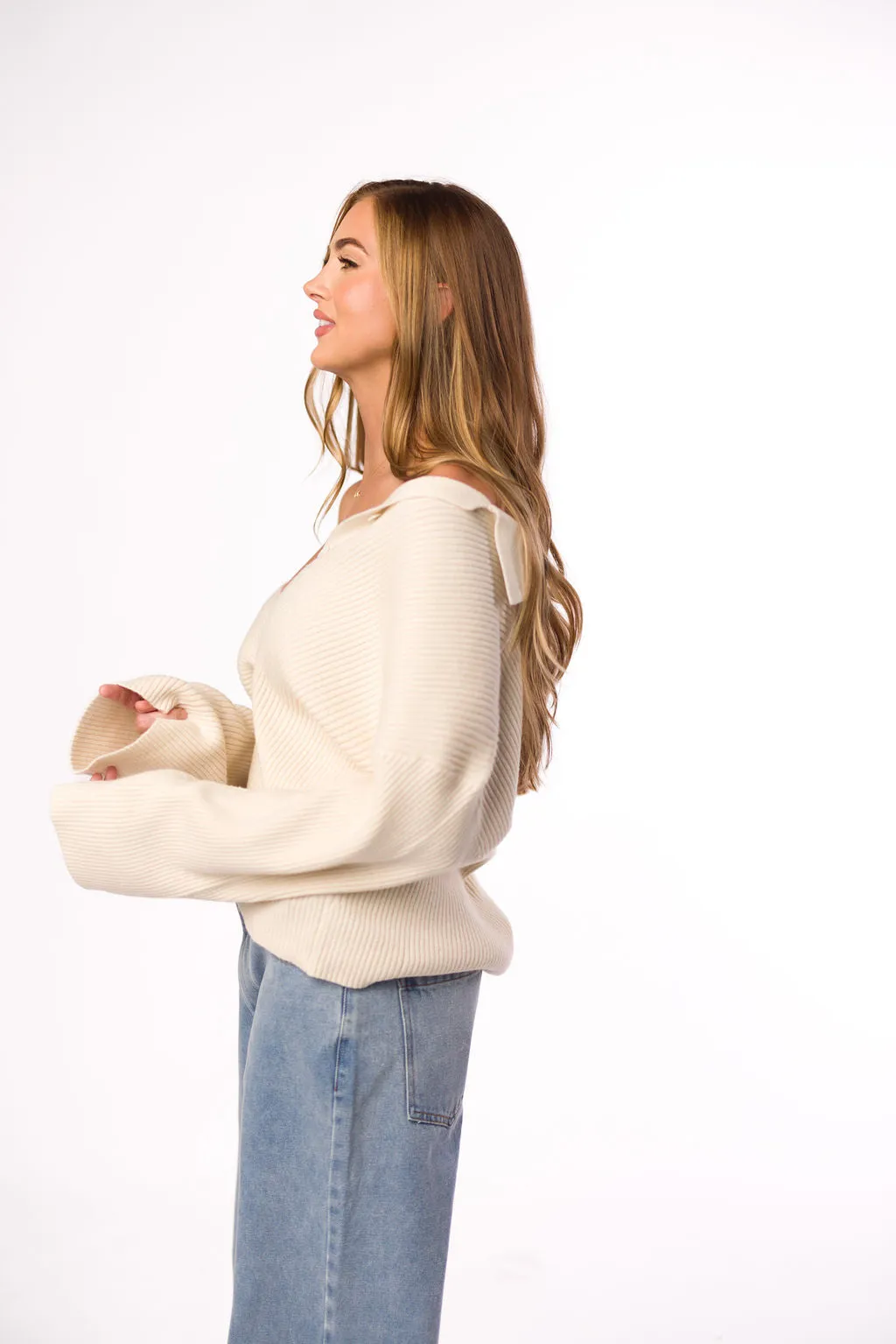 Carson Button Front Cardigan with Collar in Cream