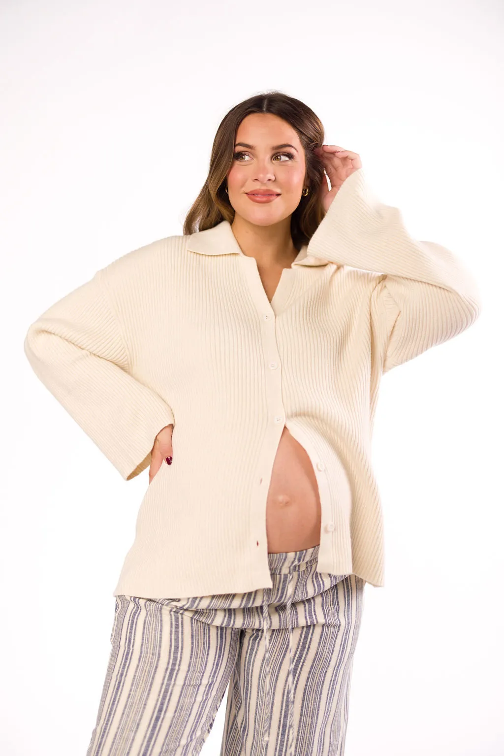 Carson Button Front Cardigan with Collar in Cream