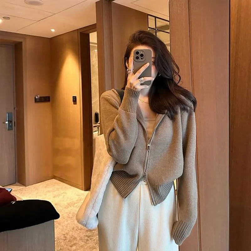 Cropped Waxy Hooded Knitted Zipper Lazy Cardigan