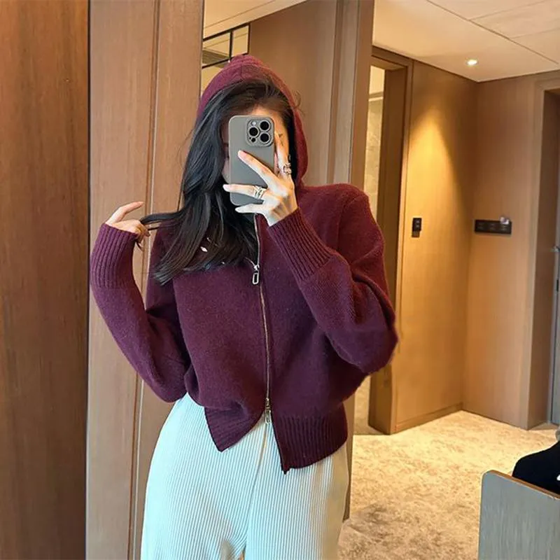 Cropped Waxy Hooded Knitted Zipper Lazy Cardigan
