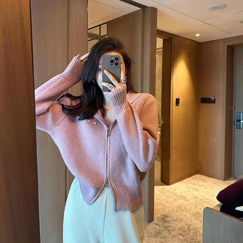 Cropped Waxy Hooded Knitted Zipper Lazy Cardigan