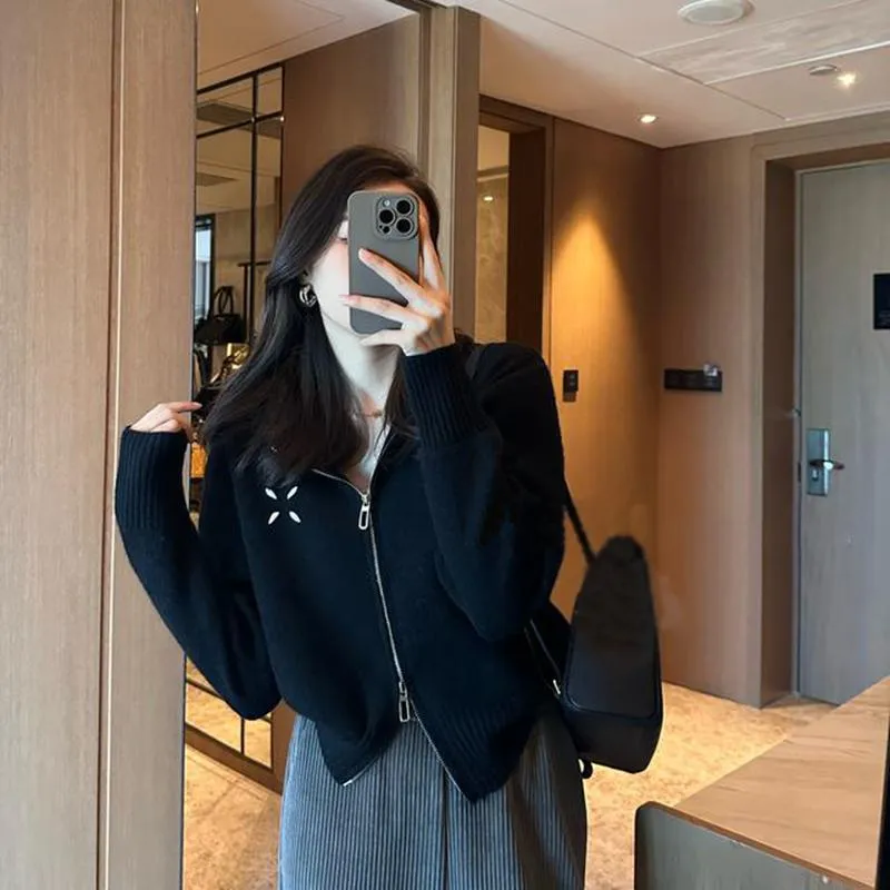 Cropped Waxy Hooded Knitted Zipper Lazy Cardigan