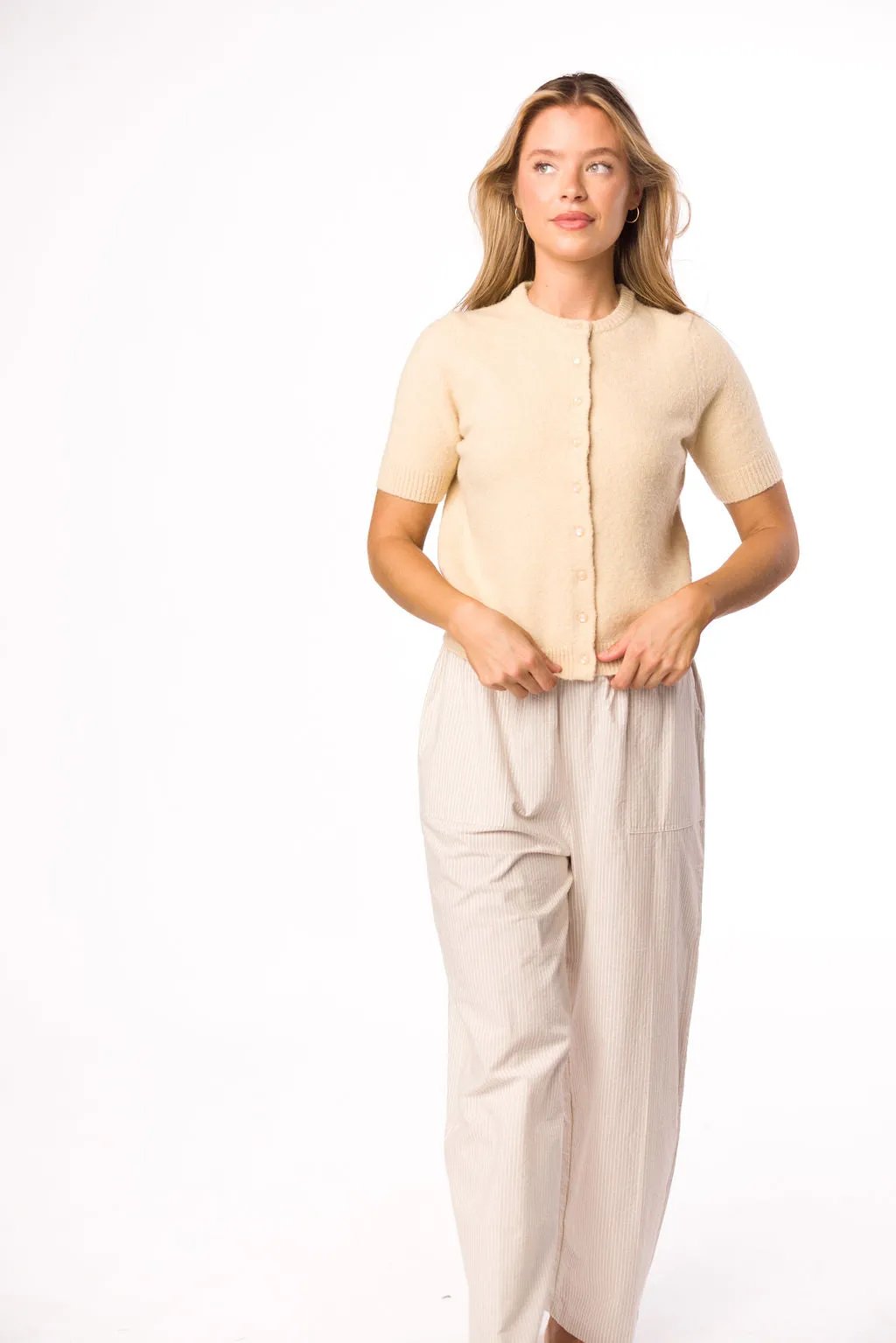 Effie Short Sleeve Button Cardigan in Oatmeal - Nursing Friendly