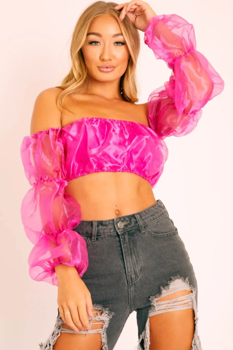 Fuchsia Organza Bardot Puff Sleeves Crop Top - Teresa