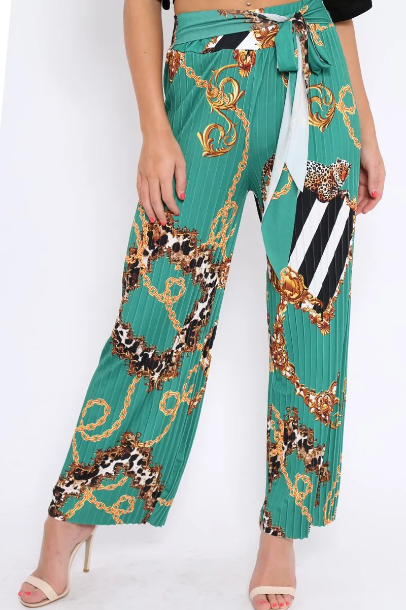 Green Chain Pleated Wide Leg Trousers - Neola