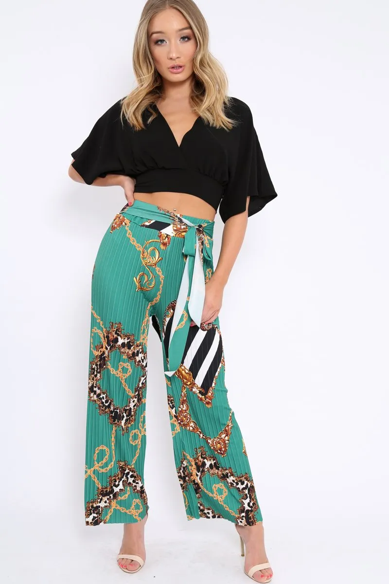 Green Chain Pleated Wide Leg Trousers - Neola