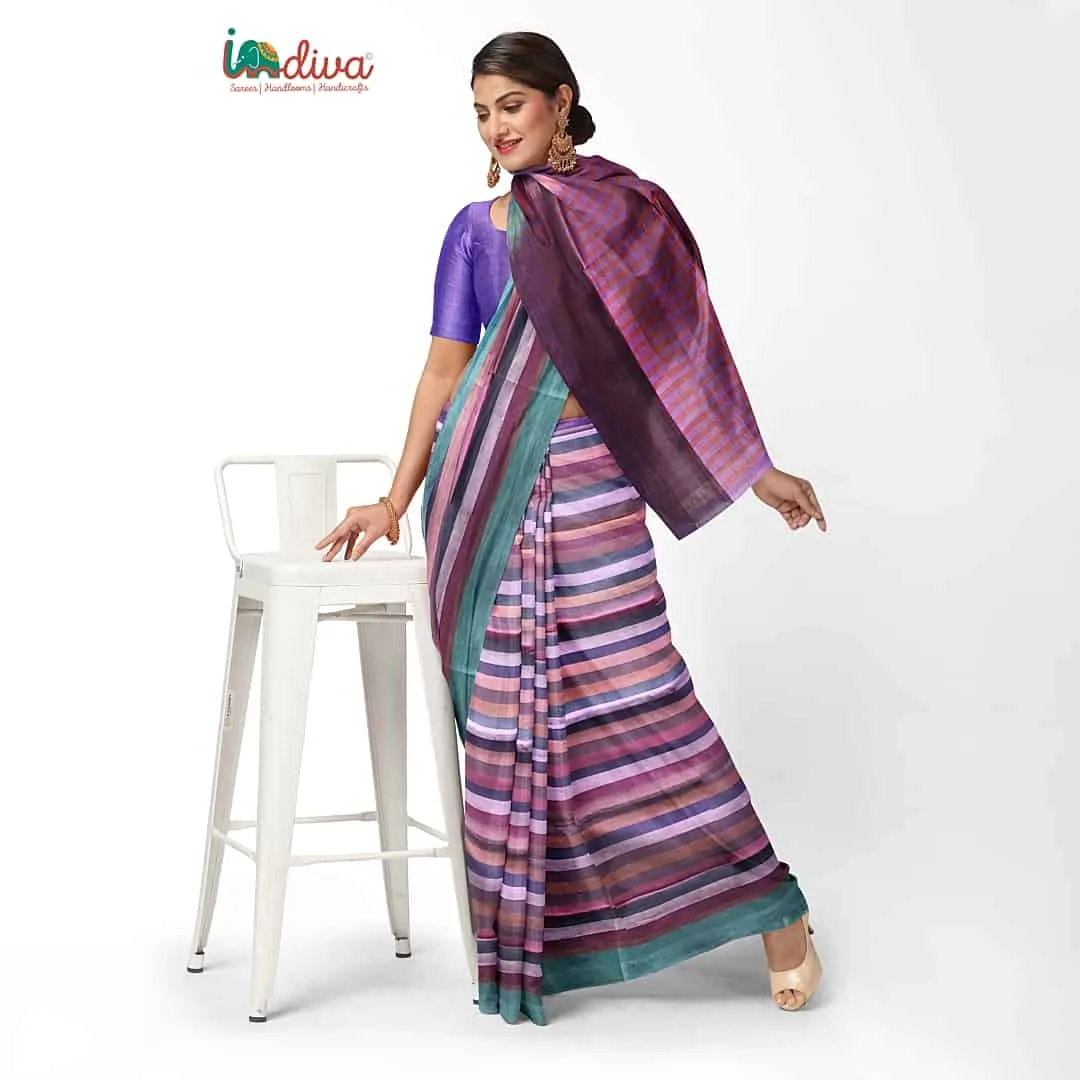 Indiva Adampalli Blue & Purple Handwoven Cotton Saree