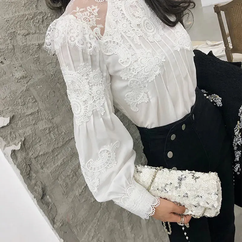 Mesh Lace Patchwork Shirt Female Stand Collar Lantern Sleeve Woman Blouses Autumn Korean Fashion Clothing