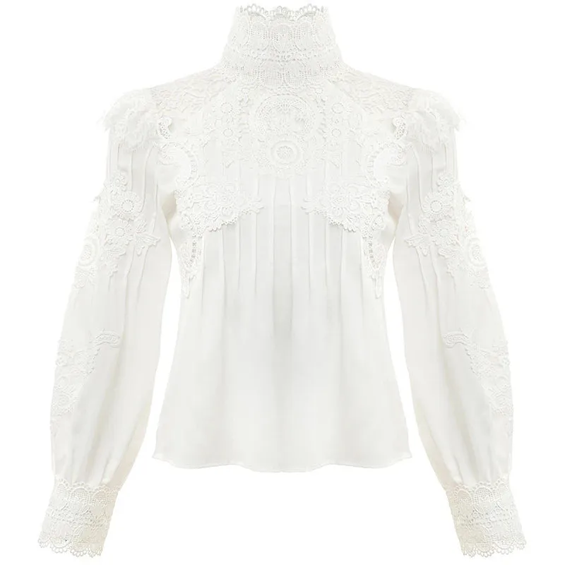 Mesh Lace Patchwork Shirt Female Stand Collar Lantern Sleeve Woman Blouses Autumn Korean Fashion Clothing