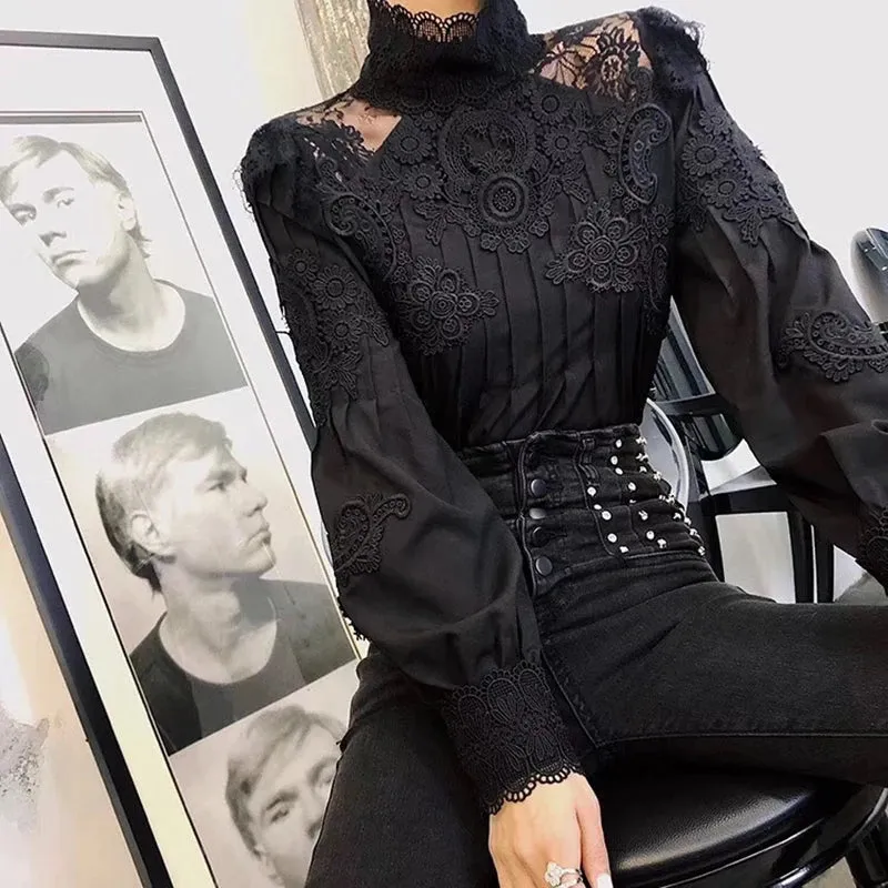 Mesh Lace Patchwork Shirt Female Stand Collar Lantern Sleeve Woman Blouses Autumn Korean Fashion Clothing