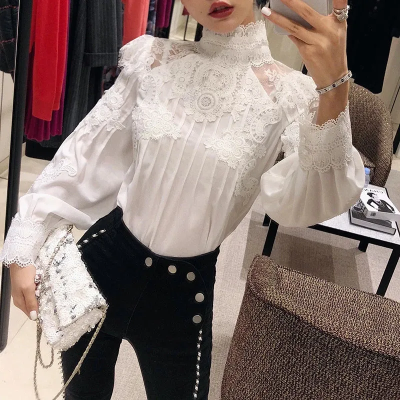Mesh Lace Patchwork Shirt Female Stand Collar Lantern Sleeve Woman Blouses Autumn Korean Fashion Clothing