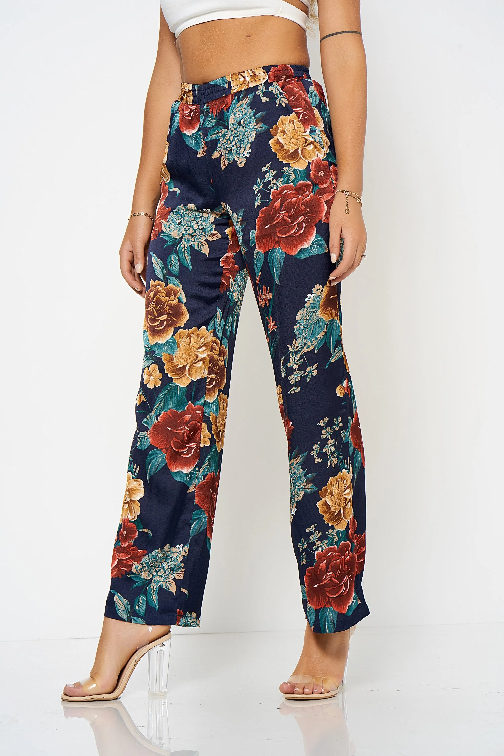 Navy Floral Wide Leg Co-Ord Trousers