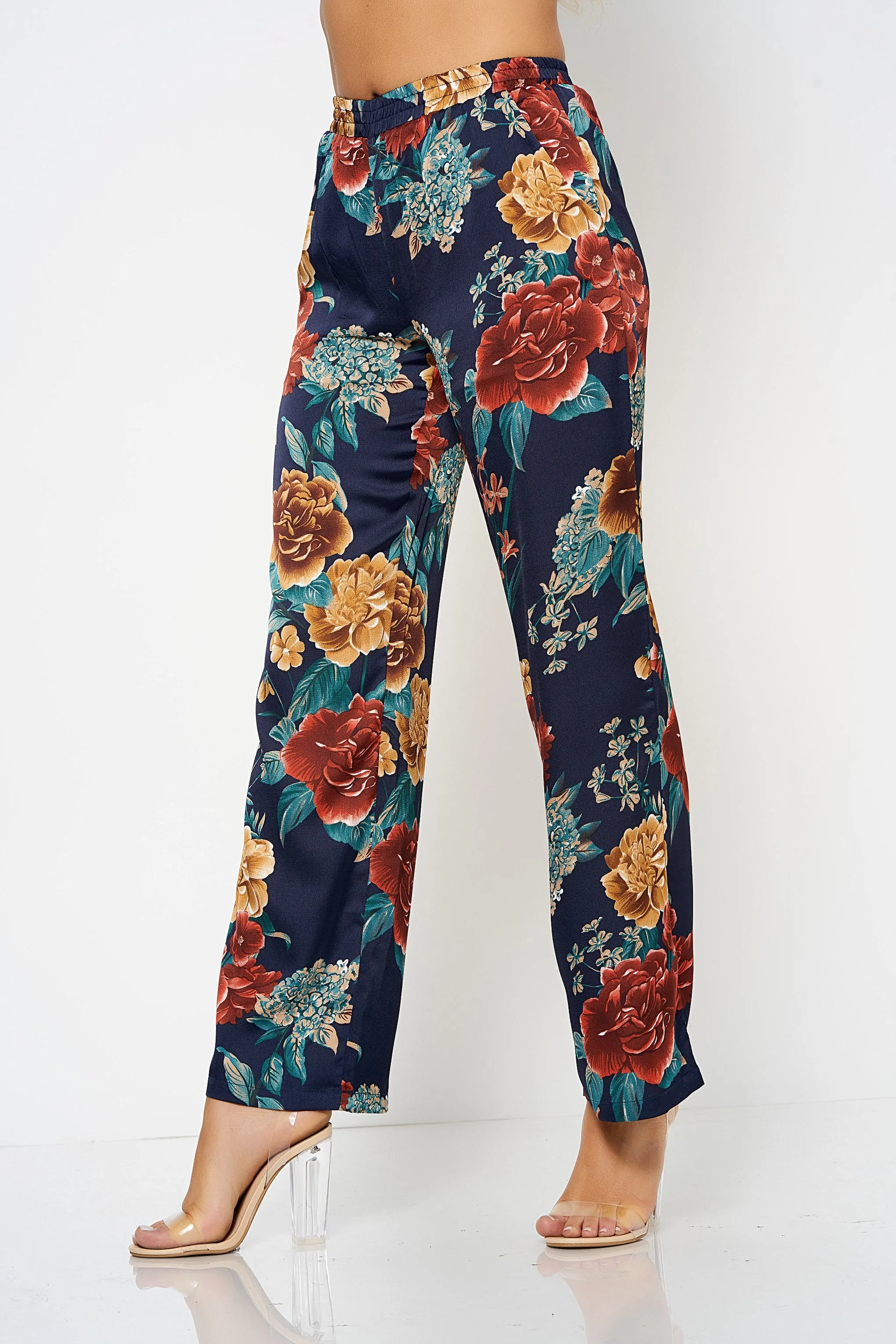 Navy Floral Wide Leg Co-Ord Trousers