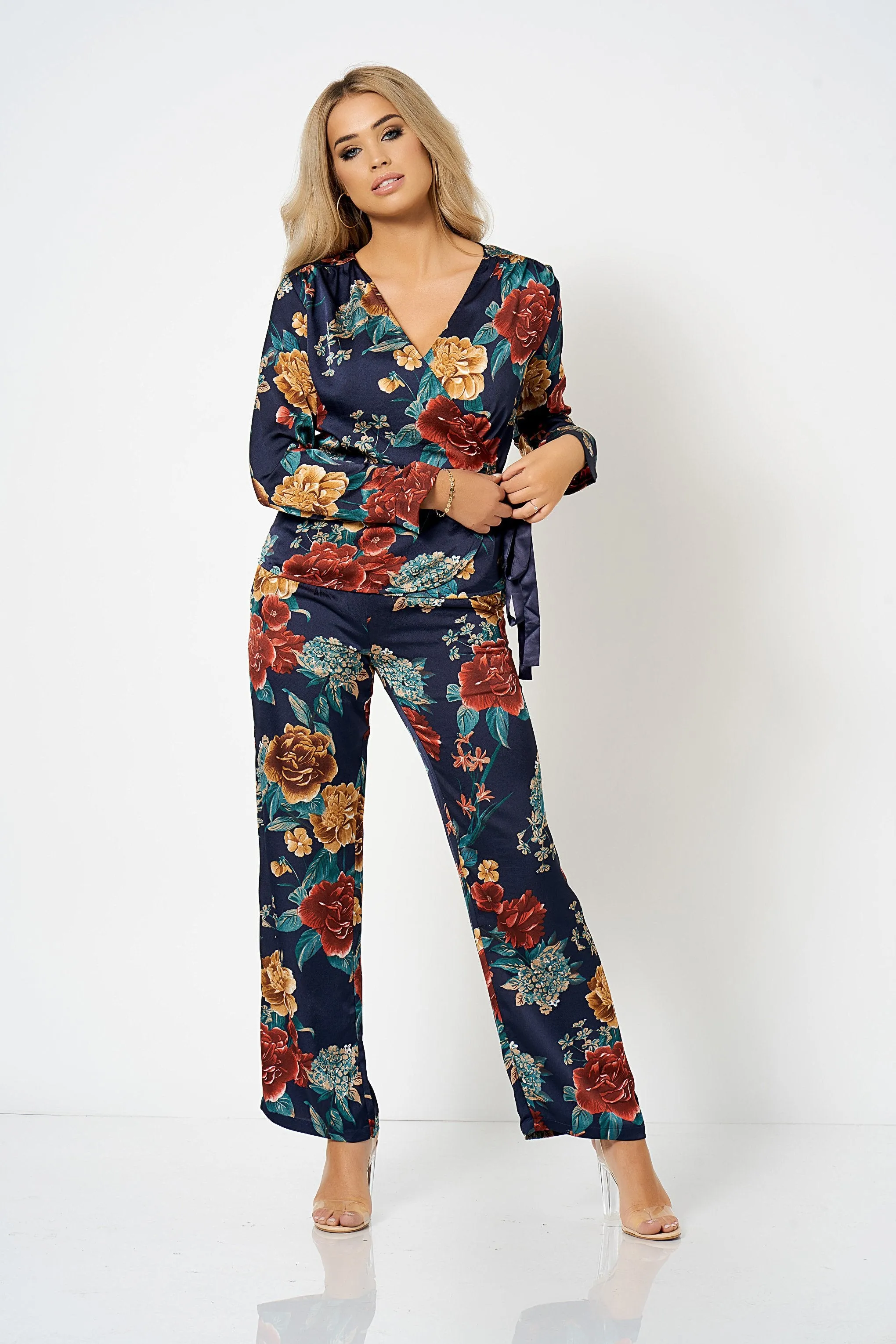 Navy Floral Wide Leg Co-Ord Trousers