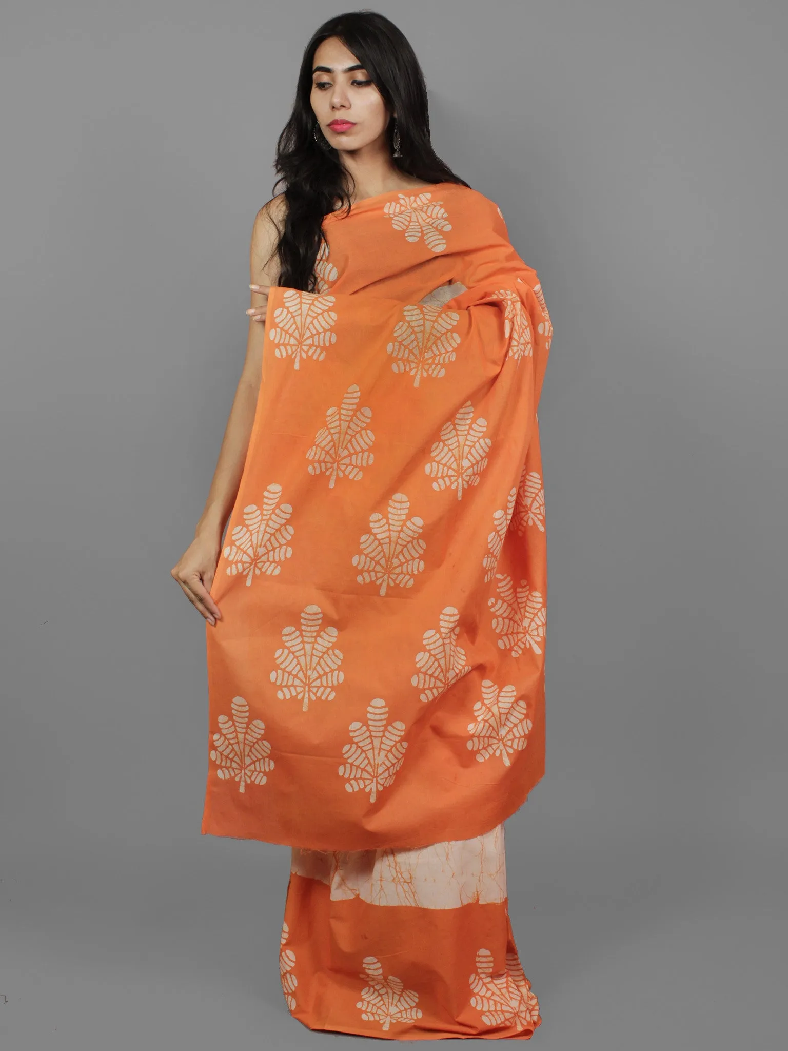 Orange Ivory Hand Batik & Block Printed Cotton Saree - S031702126
