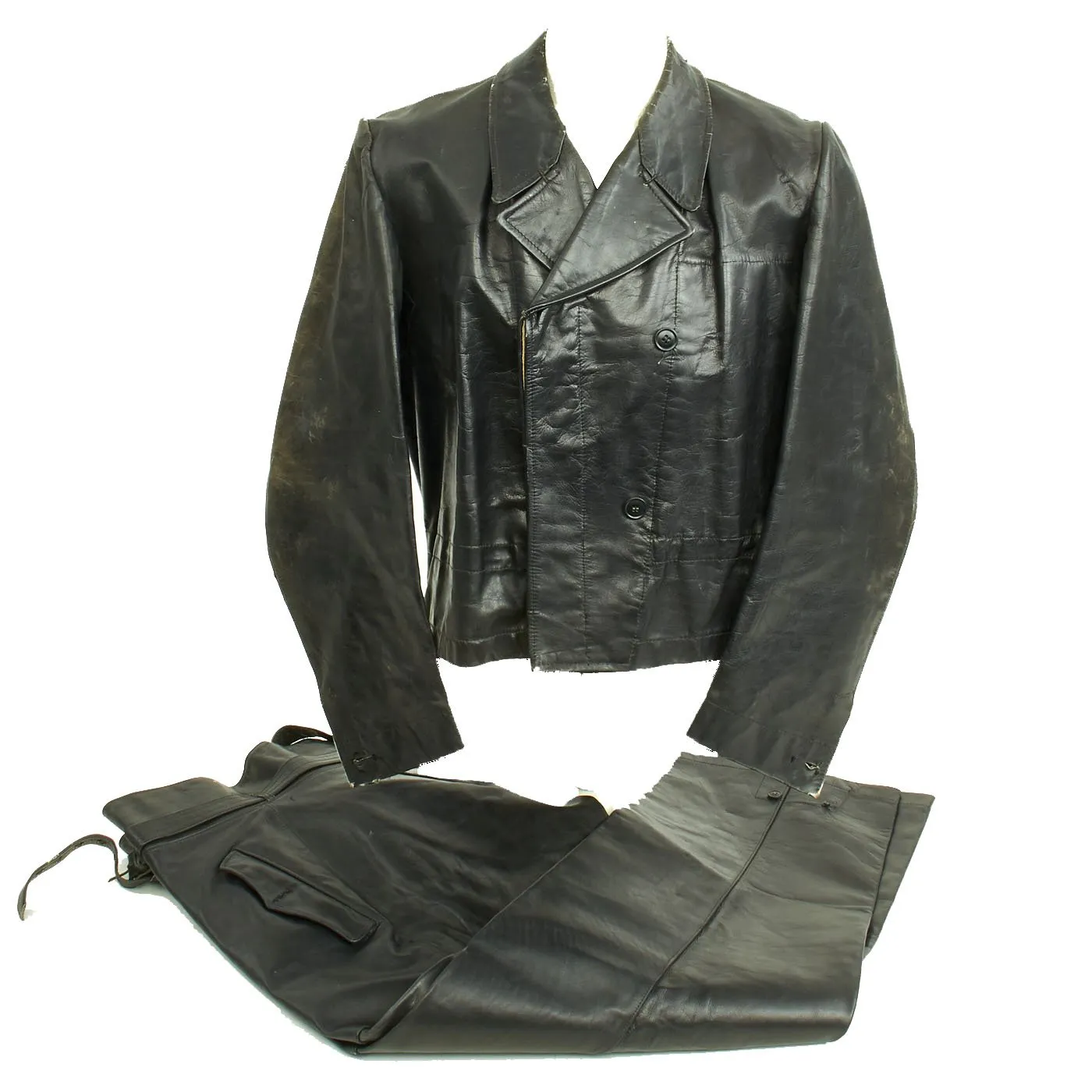 Original German WWII Kreigsmarine U-Boat Black Leather Wrap Jacket and Trouser Set