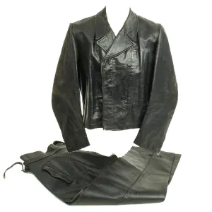Original German WWII Kreigsmarine U-Boat Black Leather Wrap Jacket and Trouser Set