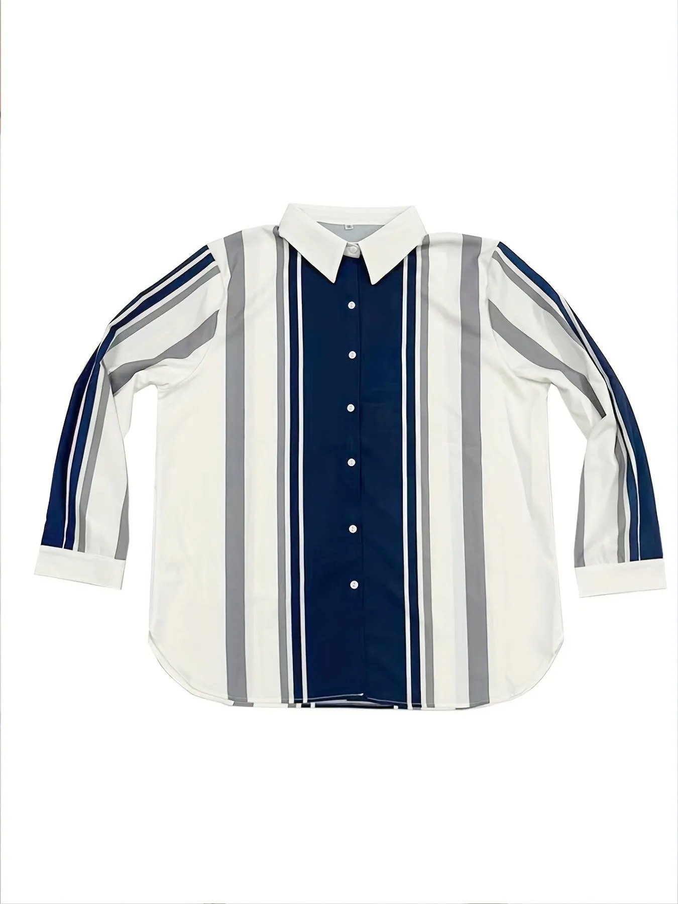 Plus Size Womens Lapel Collar Shirting Blouse - Stripe Print, Button Up, Long Sleeve, Turn Down Collar, Non-Stretch Polyester Fabric, Weekend Casual Wear for Spring and Fall Seasons