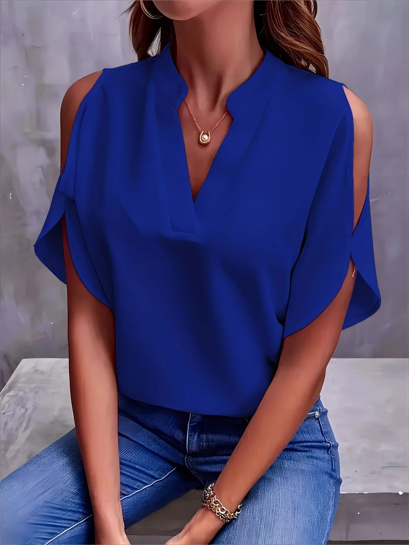Plus Size Womens V Neck Batwing Sleeve Solid Color Casual Blouse - Soft Polyester Fabric, Pullover Style, No Printing, Perfect for Spring, Summer, and Fall - Easy Wear for Daily Life