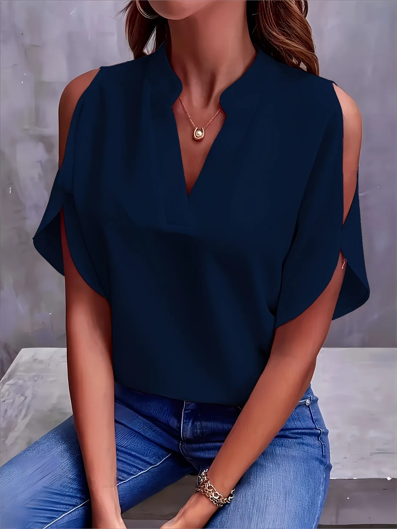 Plus Size Womens V Neck Batwing Sleeve Solid Color Casual Blouse - Soft Polyester Fabric, Pullover Style, No Printing, Perfect for Spring, Summer, and Fall - Easy Wear for Daily Life