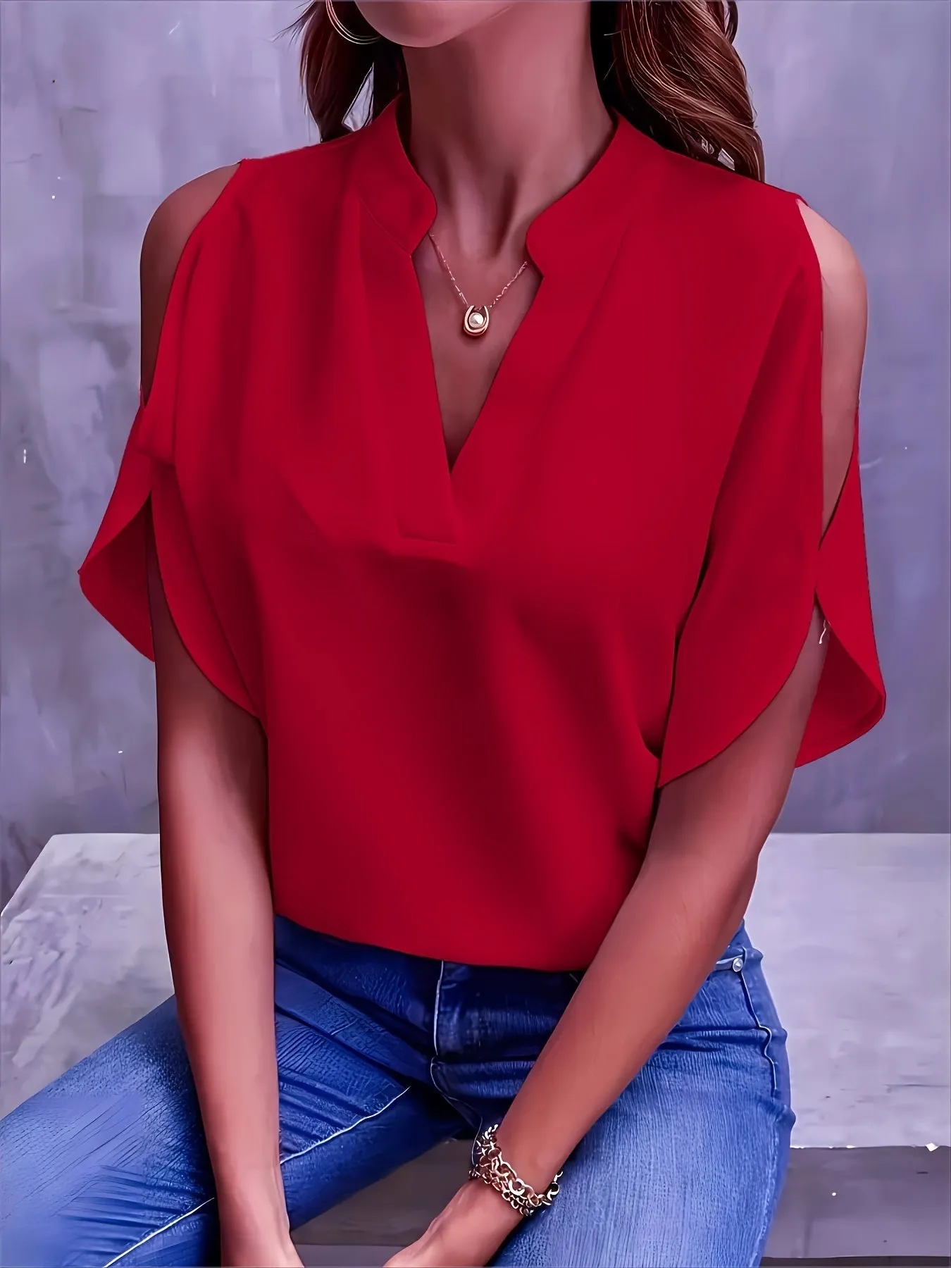 Plus Size Womens V Neck Batwing Sleeve Solid Color Casual Blouse - Soft Polyester Fabric, Pullover Style, No Printing, Perfect for Spring, Summer, and Fall - Easy Wear for Daily Life
