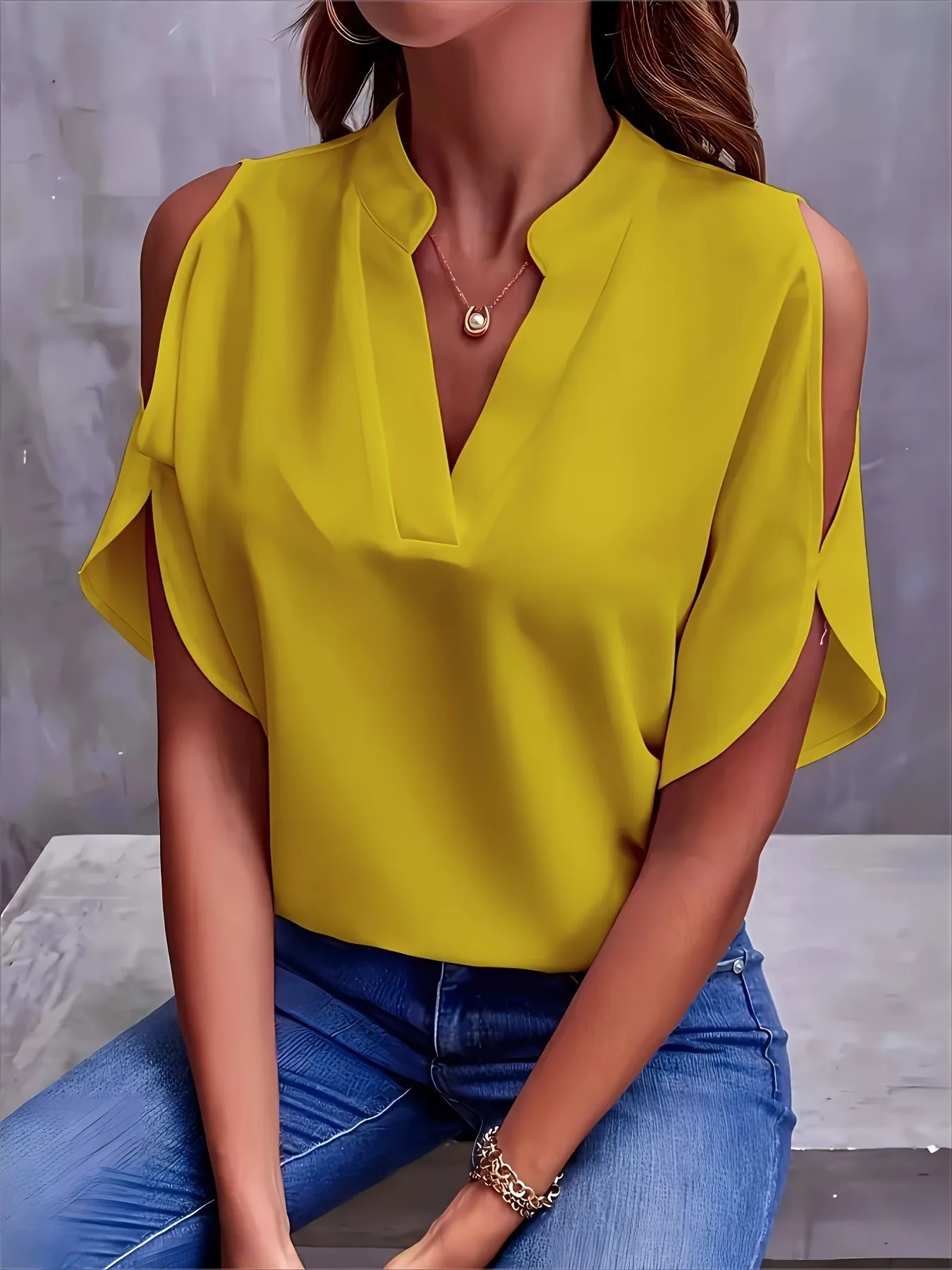 Plus Size Womens V Neck Batwing Sleeve Solid Color Casual Blouse - Soft Polyester Fabric, Pullover Style, No Printing, Perfect for Spring, Summer, and Fall - Easy Wear for Daily Life