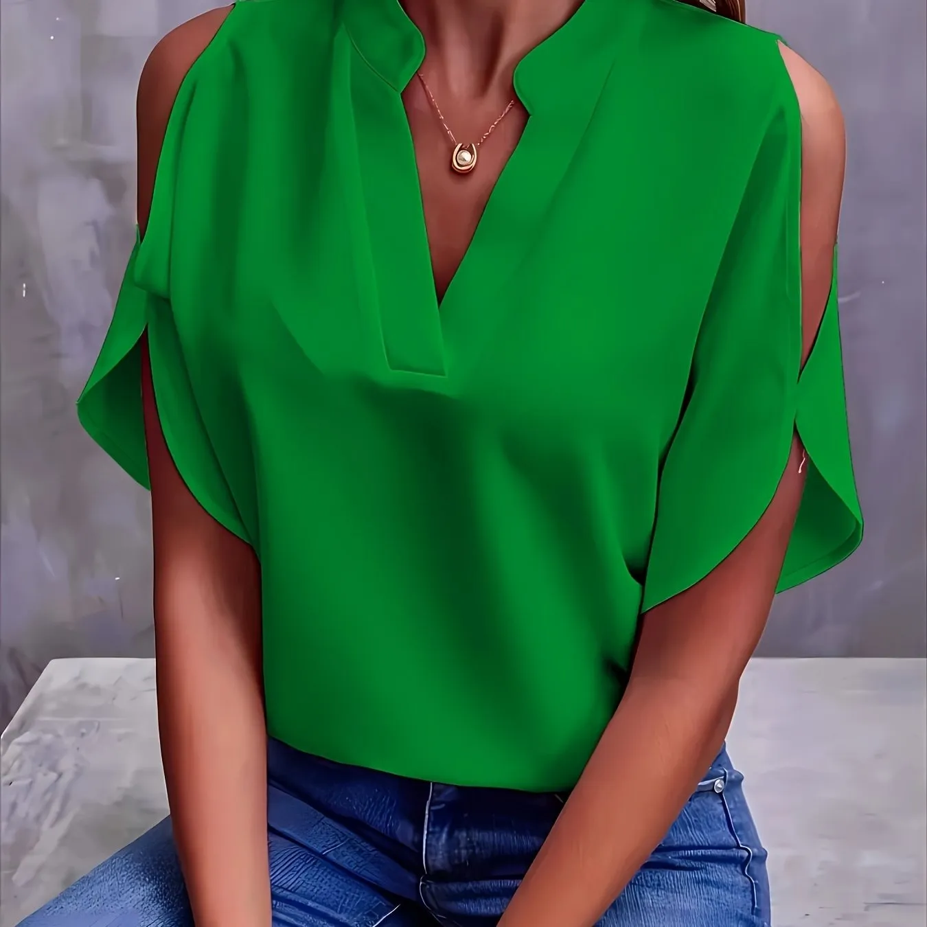 Plus Size Womens V Neck Batwing Sleeve Solid Color Casual Blouse - Soft Polyester Fabric, Pullover Style, No Printing, Perfect for Spring, Summer, and Fall - Easy Wear for Daily Life