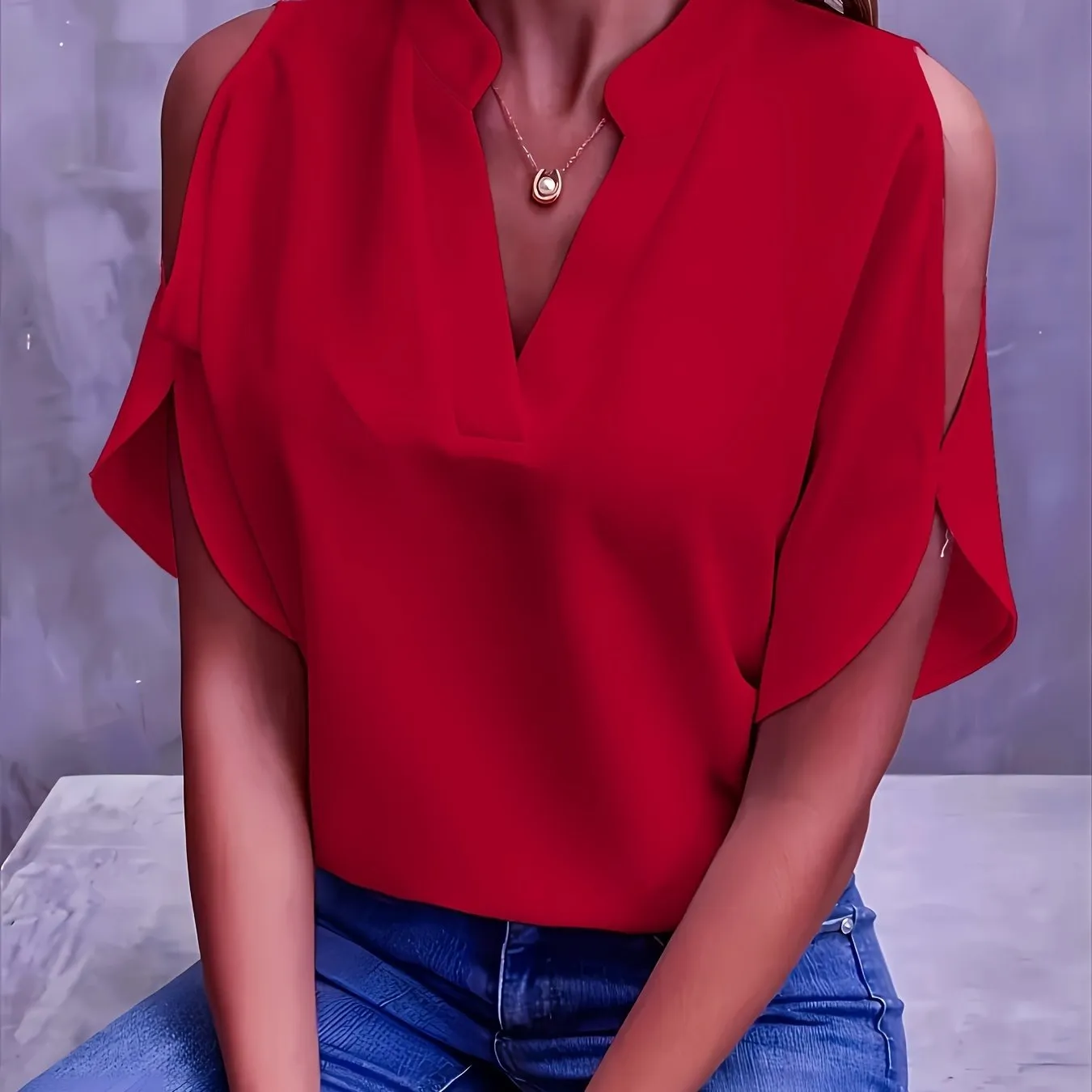 Plus Size Womens V Neck Batwing Sleeve Solid Color Casual Blouse - Soft Polyester Fabric, Pullover Style, No Printing, Perfect for Spring, Summer, and Fall - Easy Wear for Daily Life