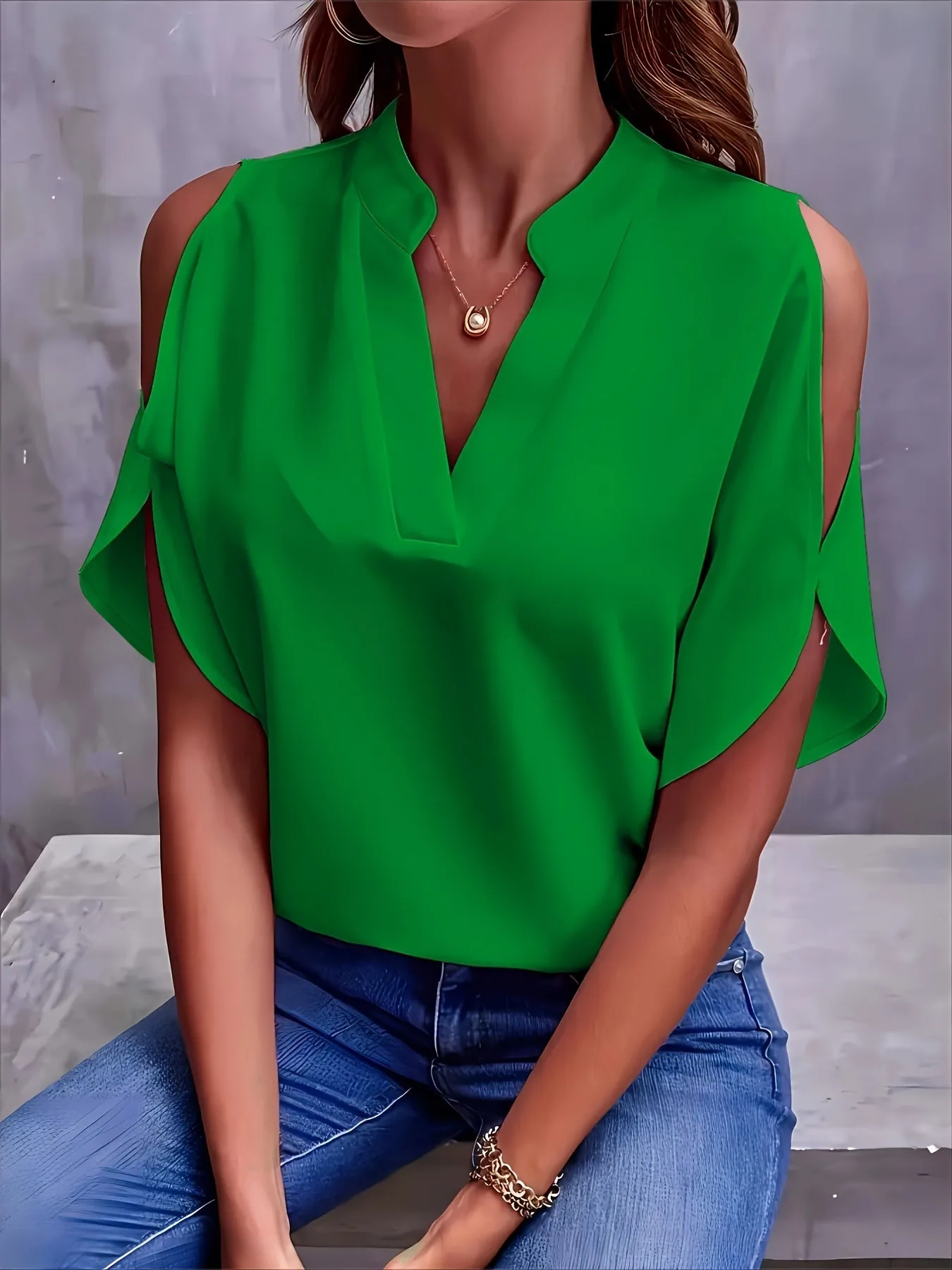 Plus Size Womens V Neck Batwing Sleeve Solid Color Casual Blouse - Soft Polyester Fabric, Pullover Style, No Printing, Perfect for Spring, Summer, and Fall - Easy Wear for Daily Life