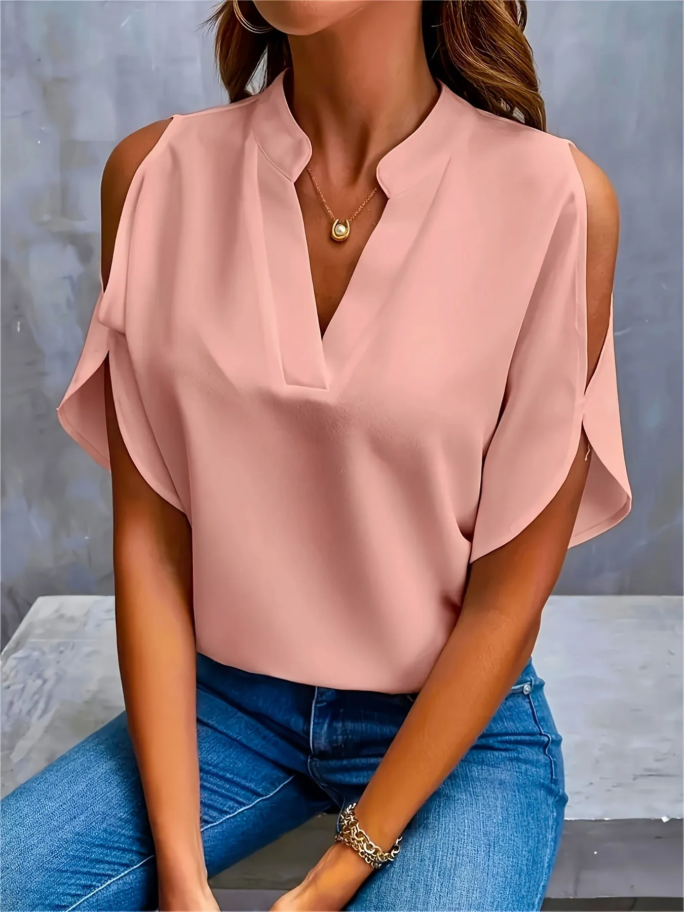 Plus Size Womens V Neck Batwing Sleeve Solid Color Casual Blouse - Soft Polyester Fabric, Pullover Style, No Printing, Perfect for Spring, Summer, and Fall - Easy Wear for Daily Life