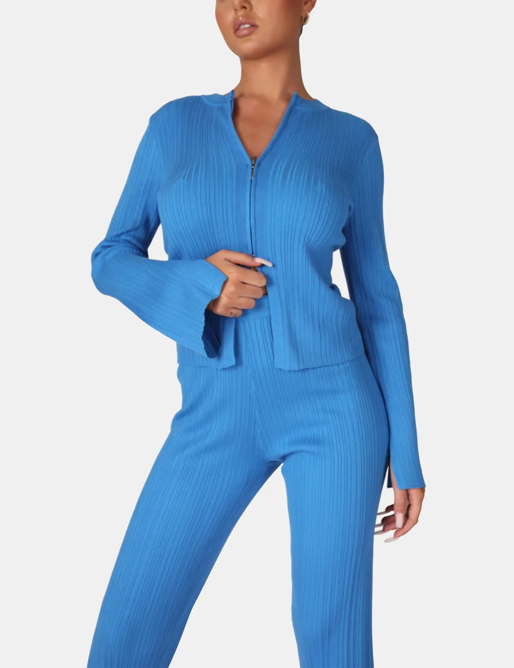 Ribbed Knitted Trousers Blue