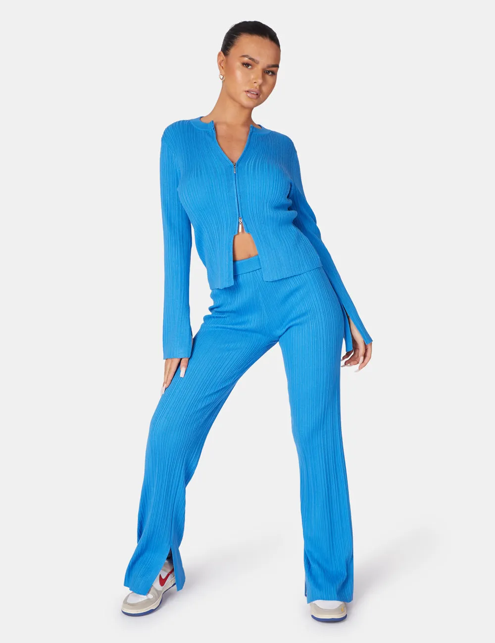 Ribbed Knitted Trousers Blue