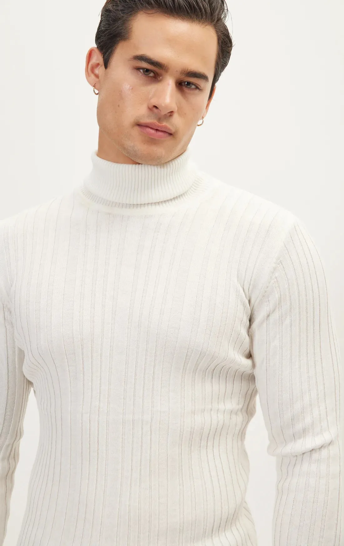 Roll Neck Ribbed Sweater - White