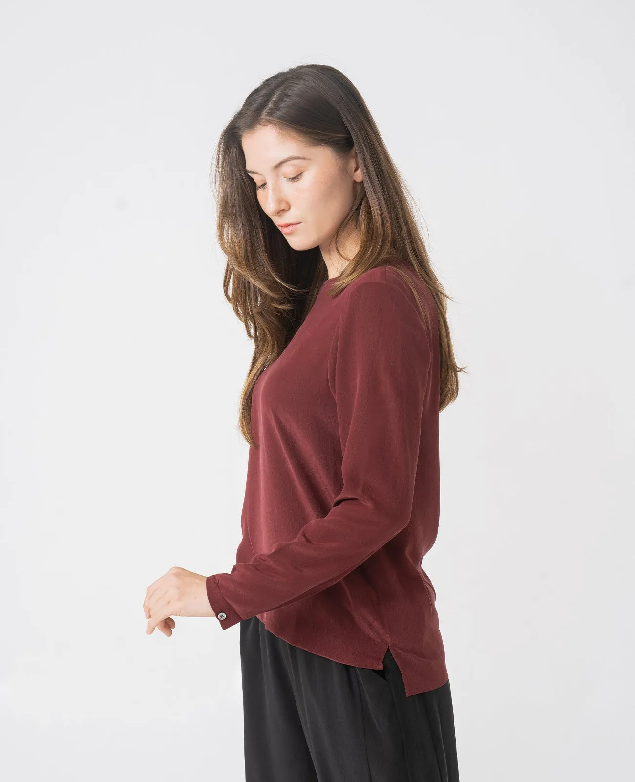 Silk Long Sleeve Crew Neck Blouse