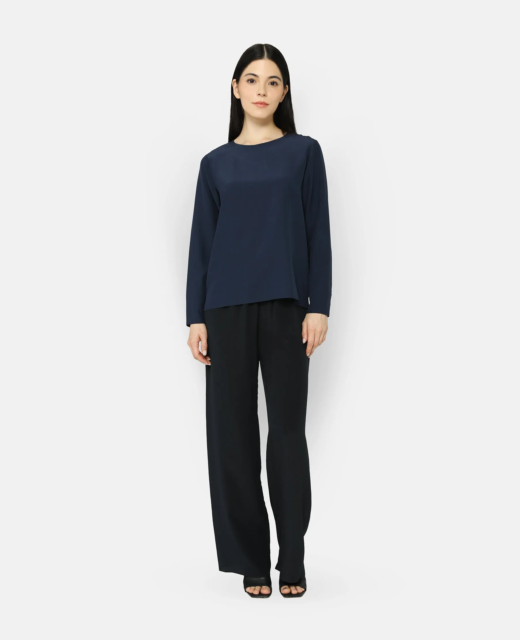 Silk Long Sleeve Crew Neck Blouse