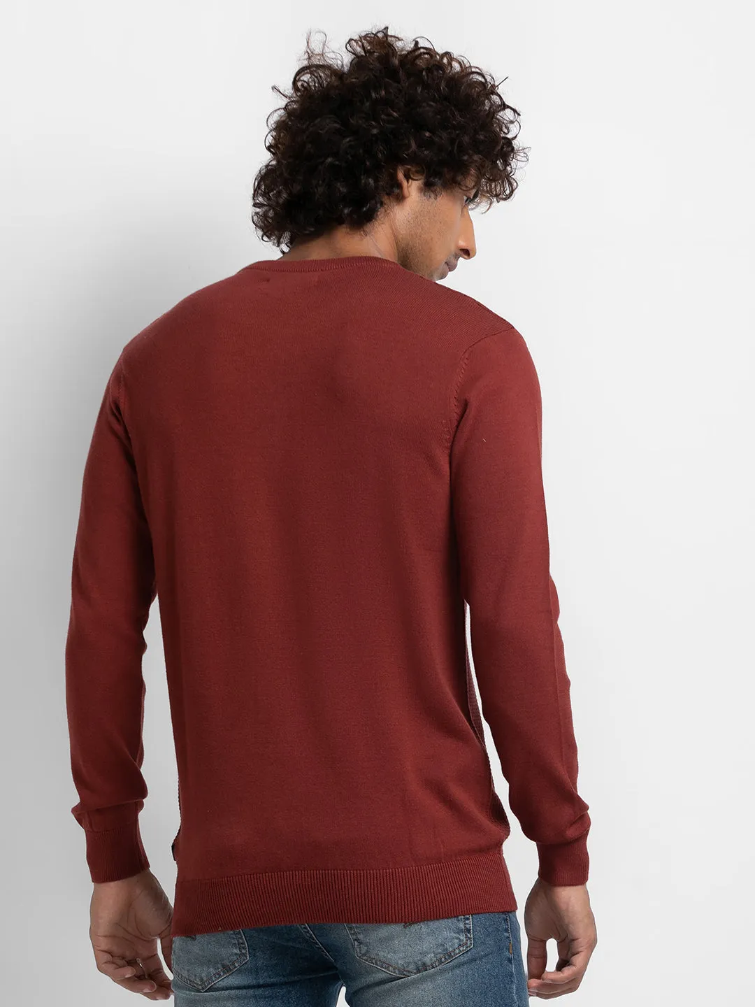 Spykar Brick Red Cotton Full Sleeve Casual Sweater For Men