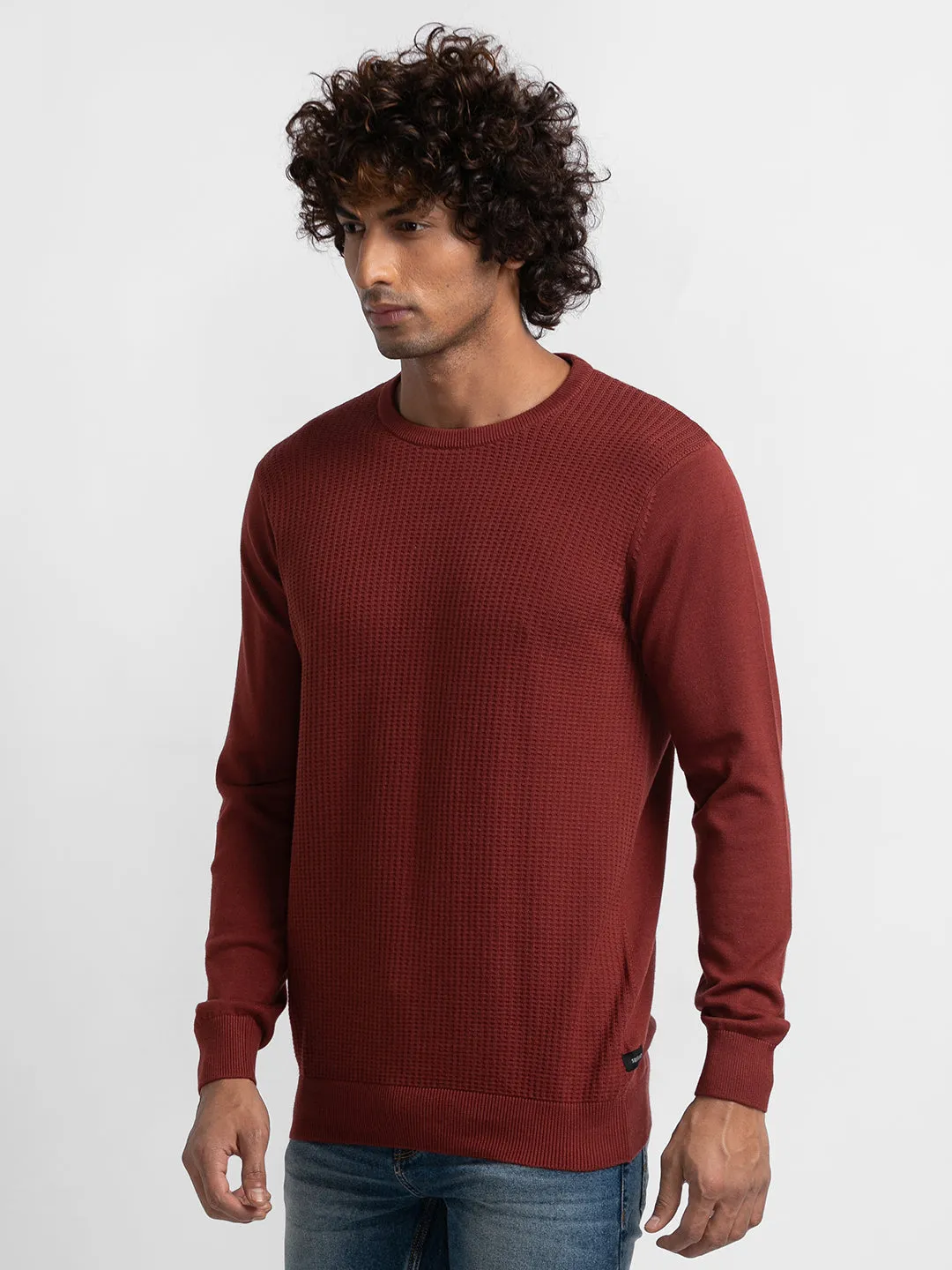 Spykar Brick Red Cotton Full Sleeve Casual Sweater For Men
